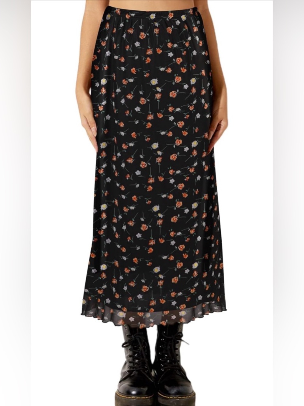 Amazon Black Floral Maxi Skirt with Rust and Cream Blossoms
